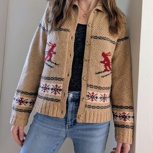 Vintage Eddie Bauer Ski Patterned Button Front Collared Wool Cardigan Sweater